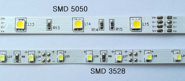 Tiras LED SMD 3528 vs LED SMD 5050 foto cercana