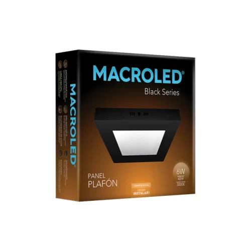 Plafón LED 6W Negro Cuadrado Cálido Macroled